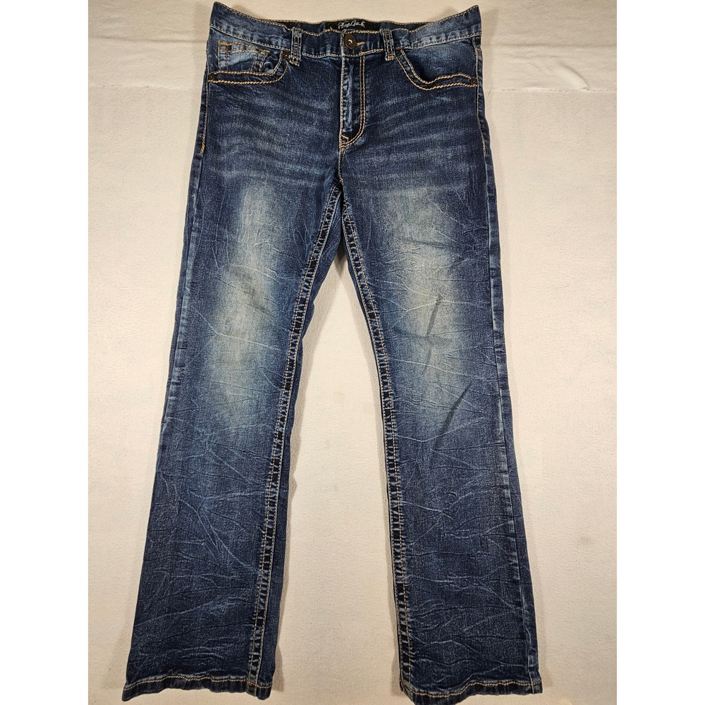 True‎ Luck Mens Straight Leg Jeans 32x32 Blue Dark Wash Embroidered Pockets